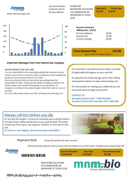 USA Virginia Atmos Energy rachunek za usługi komunalne szablon w formacie Word i PDF